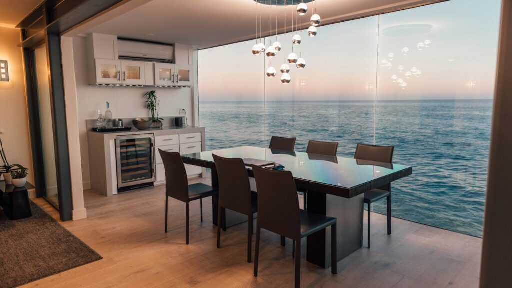 Moderne eetkamer met glazen wand en zeezicht die interieur bouwkeuzes en lichtinval benadrukt