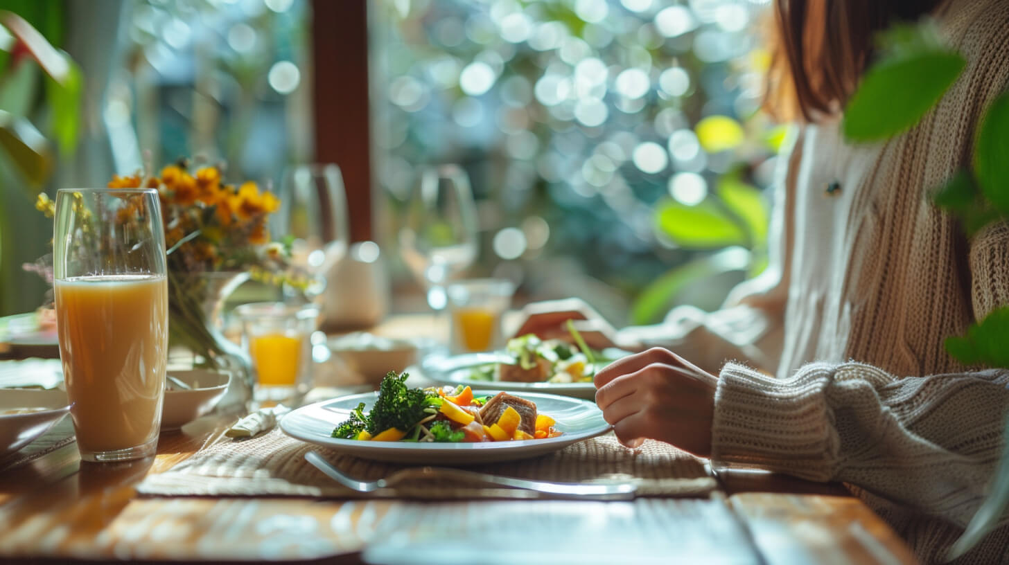 Persoon eet maaltijd aan tafel met aandacht voor eten en drinken in rustige omgeving