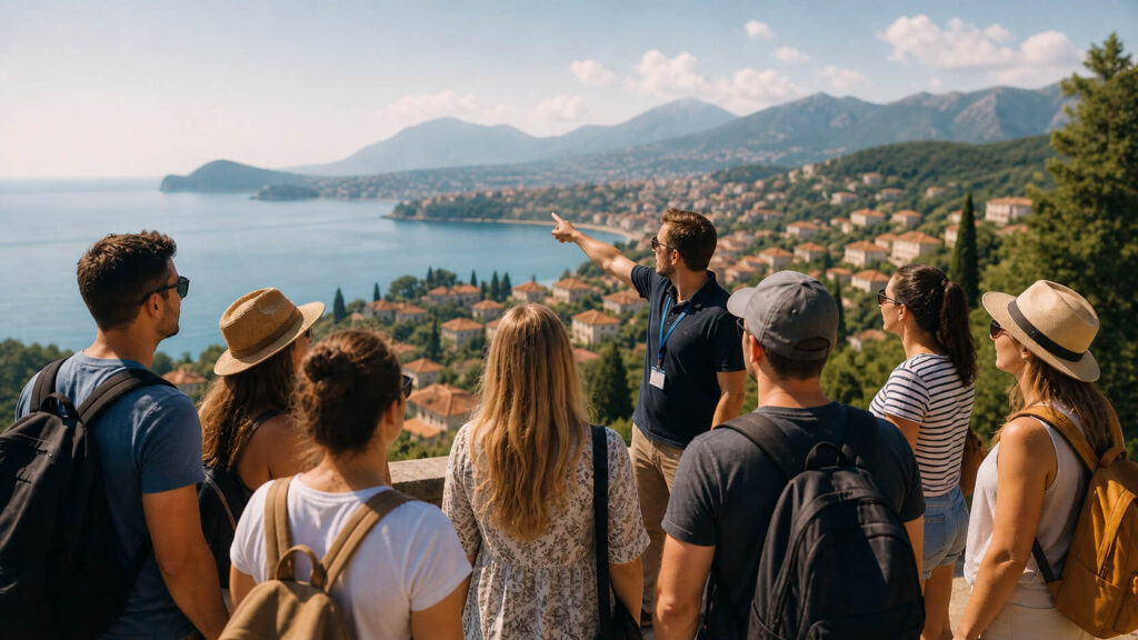 Groep reizigers bekijkt landschap vanaf uitkijkpunt tijdens georganiseerde vakanties met gids en vaste route