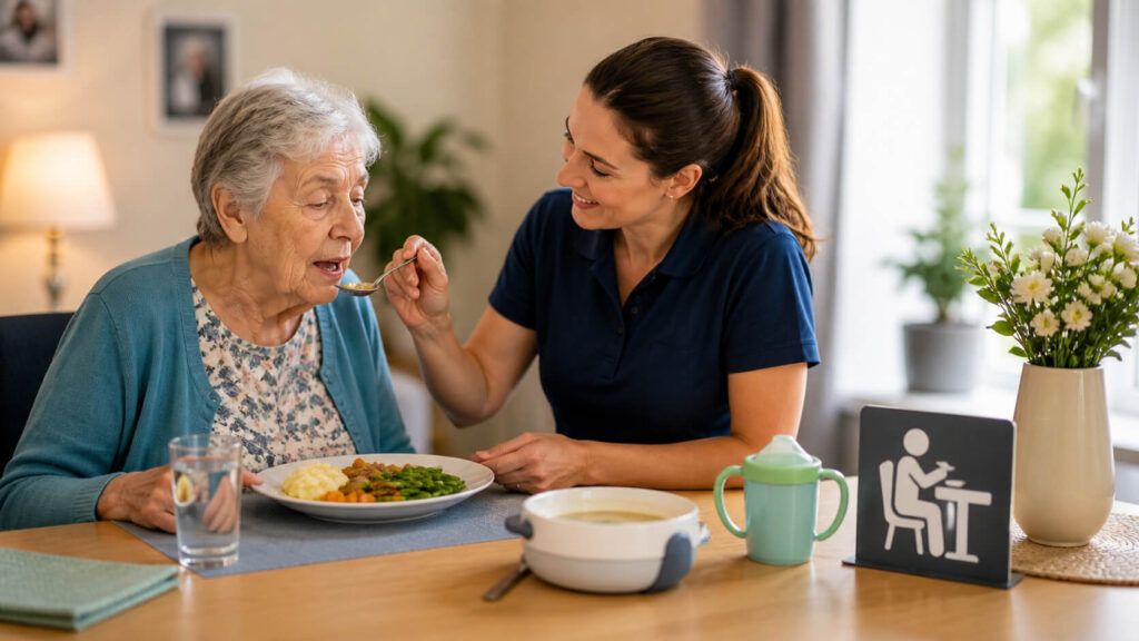 Zorgverlener helpt oudere vrouw met eten en drinken tijdens maaltijdmoment thuis