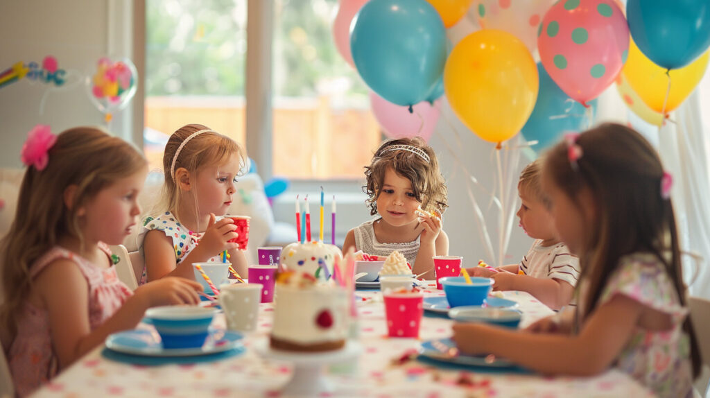 Kinderen zitten samen aan tafel met taart en ballonnen tijdens rustig eetmoment bij kinderfeest organiseren