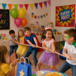 Kinderen spelen touwtrekken tijdens een vrolijk binnenfeest met versiering en taart bij kinderfeest organiseren