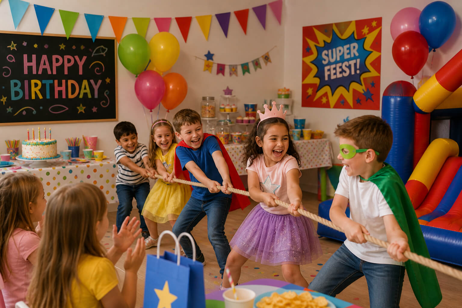 Kinderen spelen touwtrekken tijdens een vrolijk binnenfeest met versiering en taart bij kinderfeest organiseren