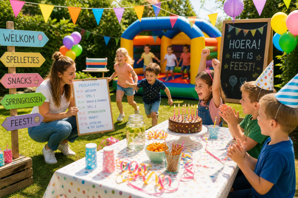 Buitenfeest met springkussen, spelende kinderen en feesttafel volgens planning bij kinderfeest organiseren