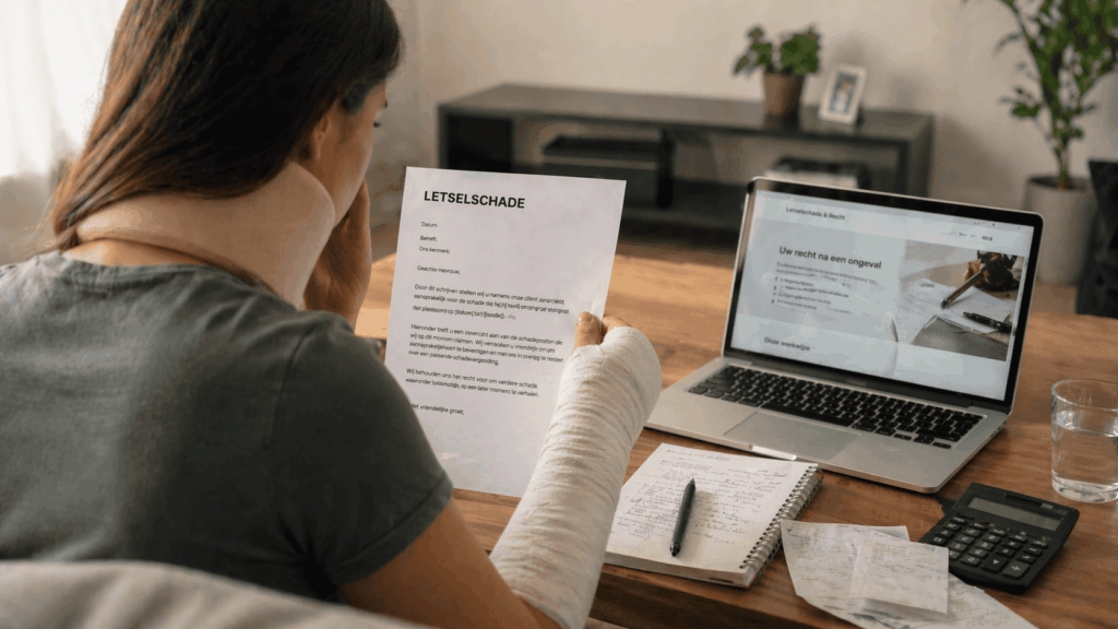 Vrouw met nekbrace en arm in verband leest letselschadebrief aan tafel met laptop en documenten