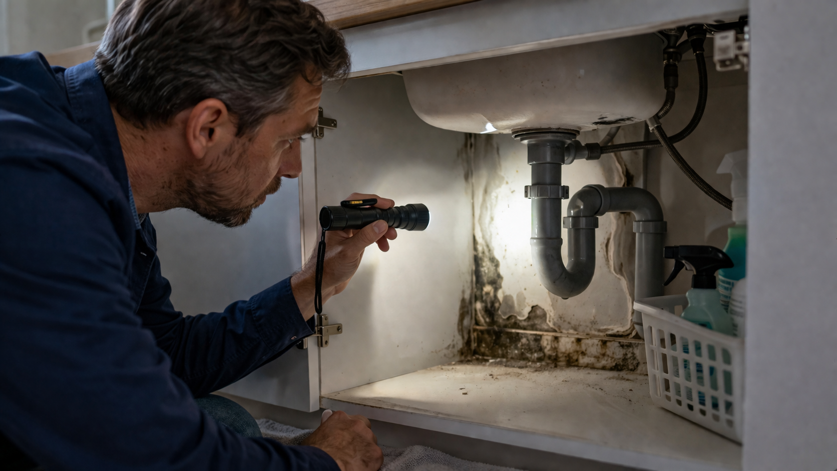 Inspectie van lekkage onder gootsteen als onderdeel van onderhoud woning onderdelen