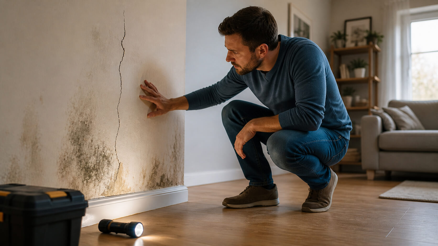 Persoon inspecteert scheur en vochtplek in muur als voorbeeld van kleine gebreken in huis