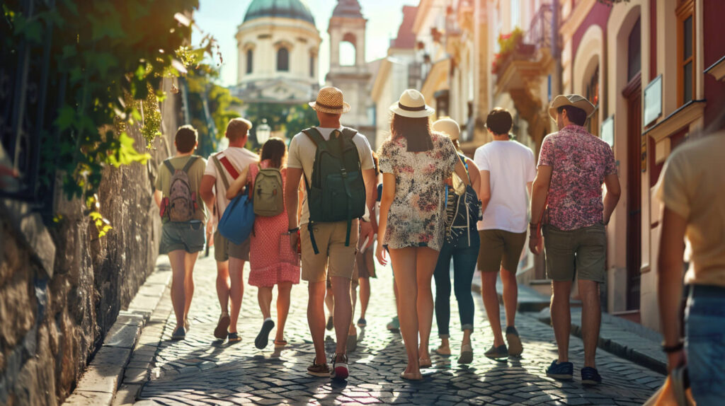 Groep reizigers loopt door smalle straat in Zuid-Europa tijdens georganiseerde vakanties met gezamenlijke stadswandeling
