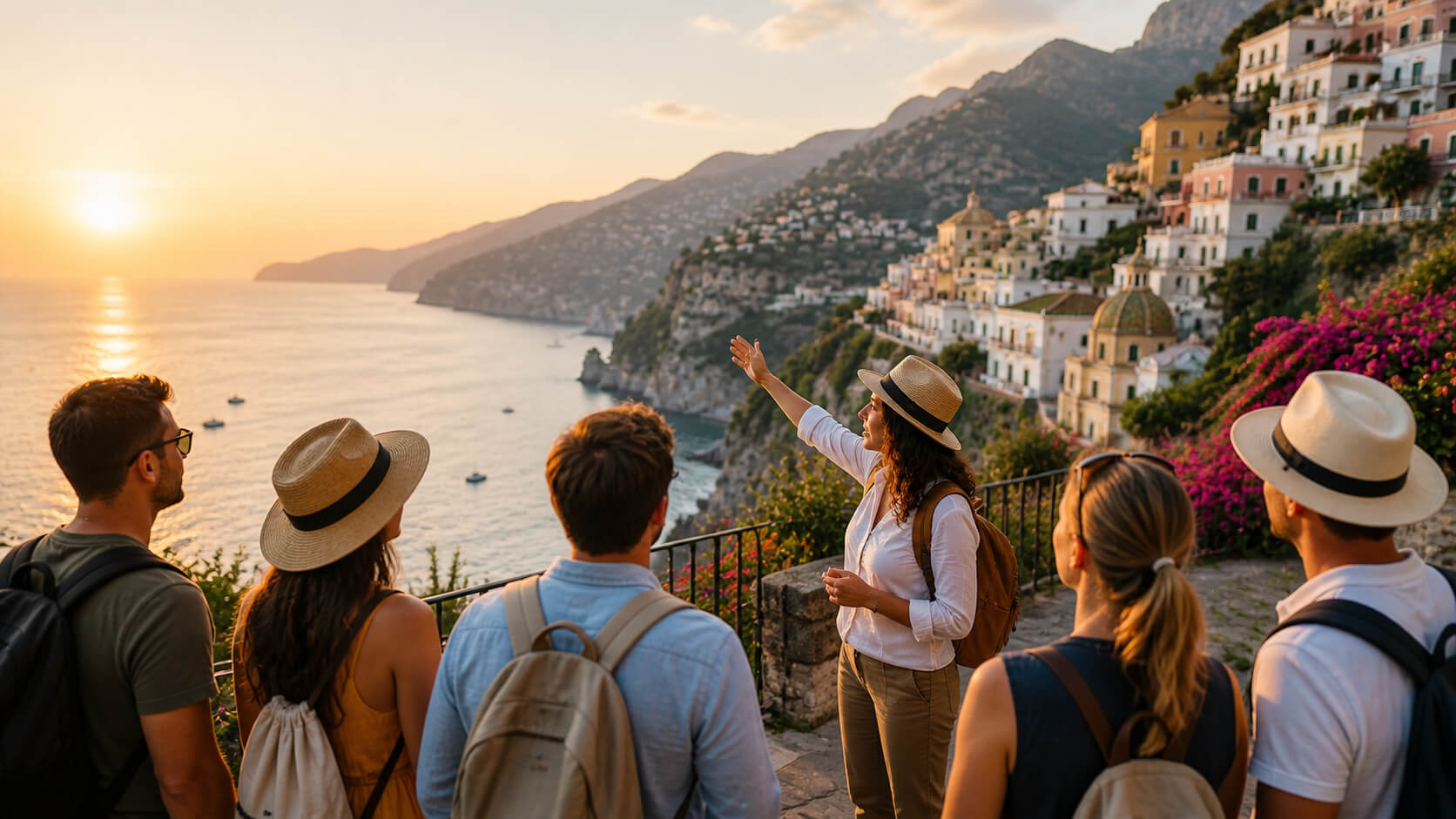 Reisleider geeft uitleg aan groep toeristen met uitzicht op kust tijdens georganiseerde vakanties in Europa