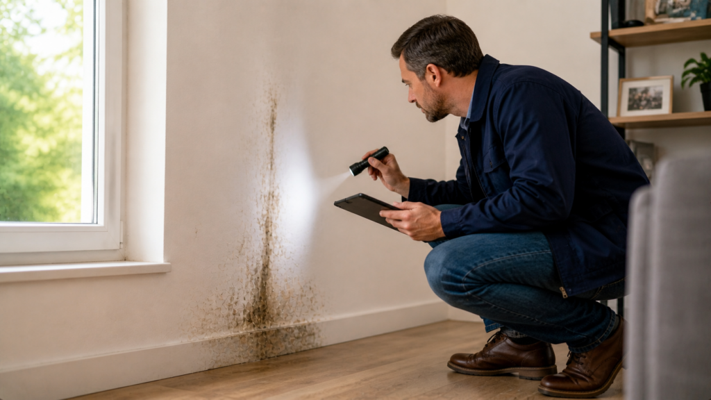 Vochtschade en schimmel op muur zichtbaar bij controle van onderhoud woning onderdelen