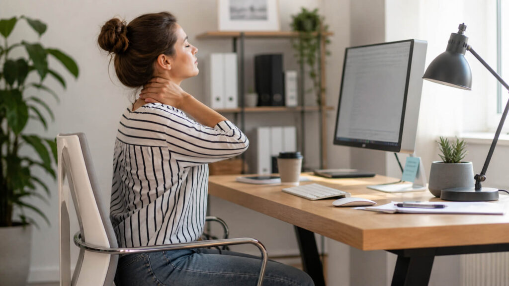 Vrouw met nekpijn door langdurige werkhouding en belasting achter computer