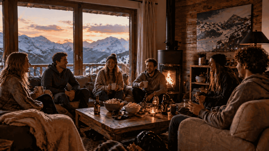Vriendengroep in chalet met uitzicht op bergen tijdens wintersport reis en ontspannen avond samen
