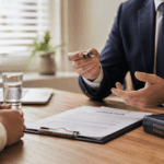 Overleg met letselschade advocaat aan bureau met documenten en juridisch boek zichtbaar