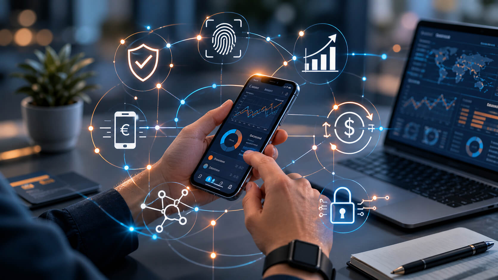 Mobiel bankieren via app met focus op financiële diensten, beveiliging en realtime transacties