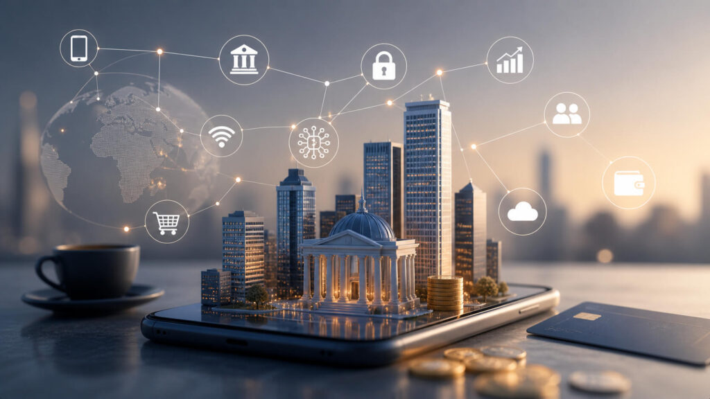 Digitale financiële diensten weergegeven met stad, bank en verbonden netwerken op smartphone