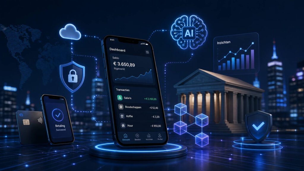 Dashboard van financiële diensten met AI, beveiliging en transacties in een digitale omgeving