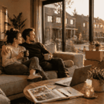 Stel dat een stel ontspant in hun nieuwe woning na huis kopen, met uitzicht op een rustige buurt