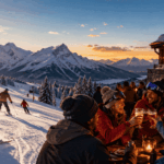 Apr&egrave;s-ski met vrienden op terras naast piste tijdens wintersport reis met zonsondergang en besneeuwde bergen