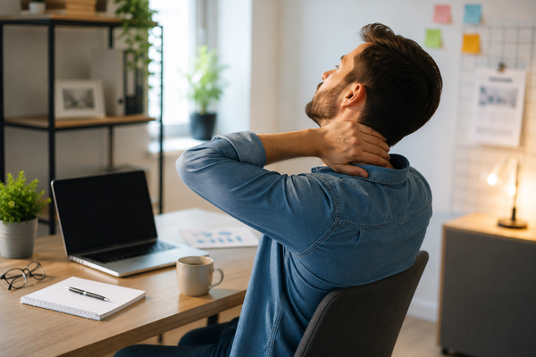 Man met nekklachten tijdens het thuiswerken aan een bureau in een moderne thuiswerkplek