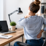 Persoon met nek- en rugklachten aan een bureau tijdens het thuiswerken in een moderne thuiswerkplek