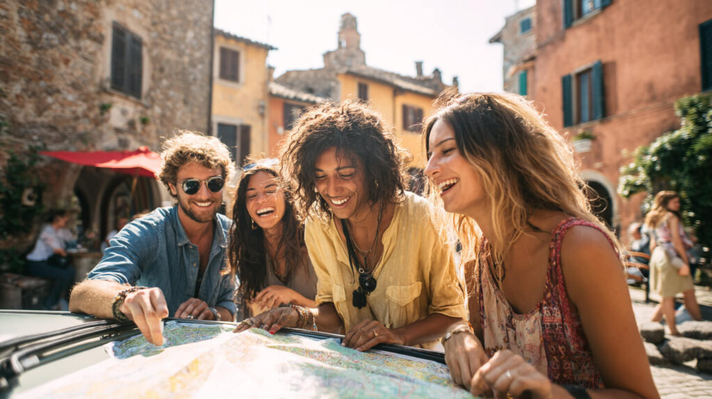Vrienden ontdekken samen een historisch dorp tijdens het rondtrekken met vrienden in Zuid-Italië.