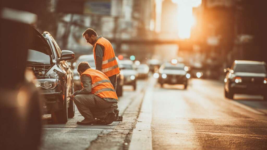 Wegenwachten bieden snelle hulp onderweg bij een auto met pech langs een drukke weg.