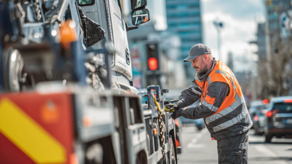 Bergingsmedewerker laadt een voertuig op voor snelle hulp onderweg in de stad.