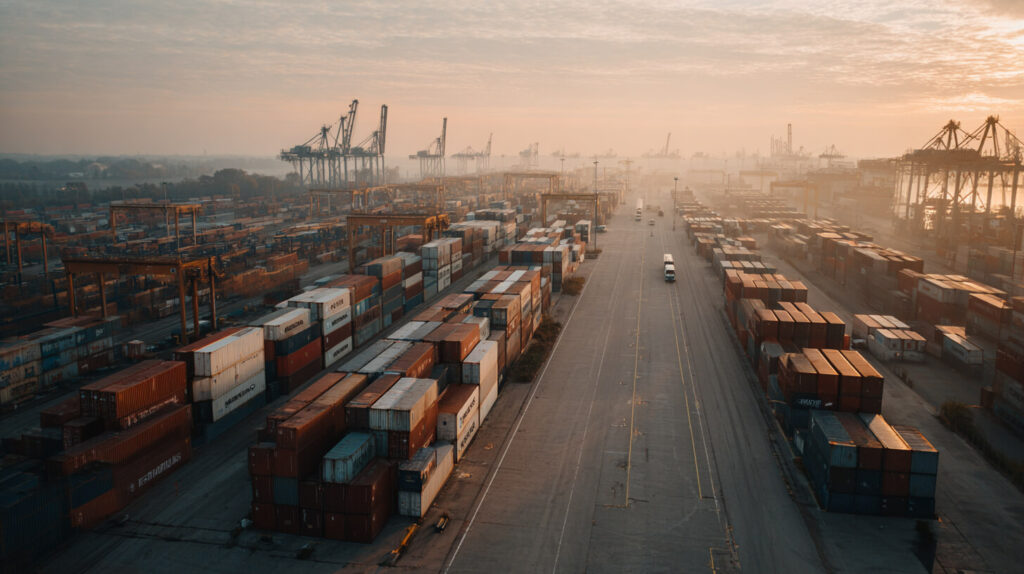Containerterminal bij zonsopgang met gestapelde containers en een vrachtwagen tussen de rijen bij een overslagbedrijf