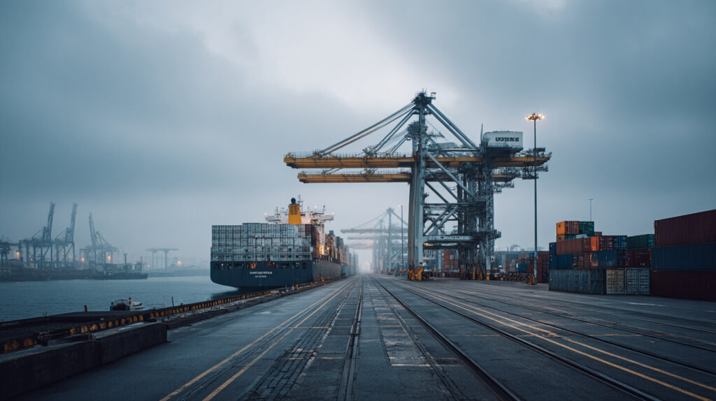 Containerschip aangemeerd bij een kade met een grote overslagkraan en spoorrails voor de overdracht naar het spoor