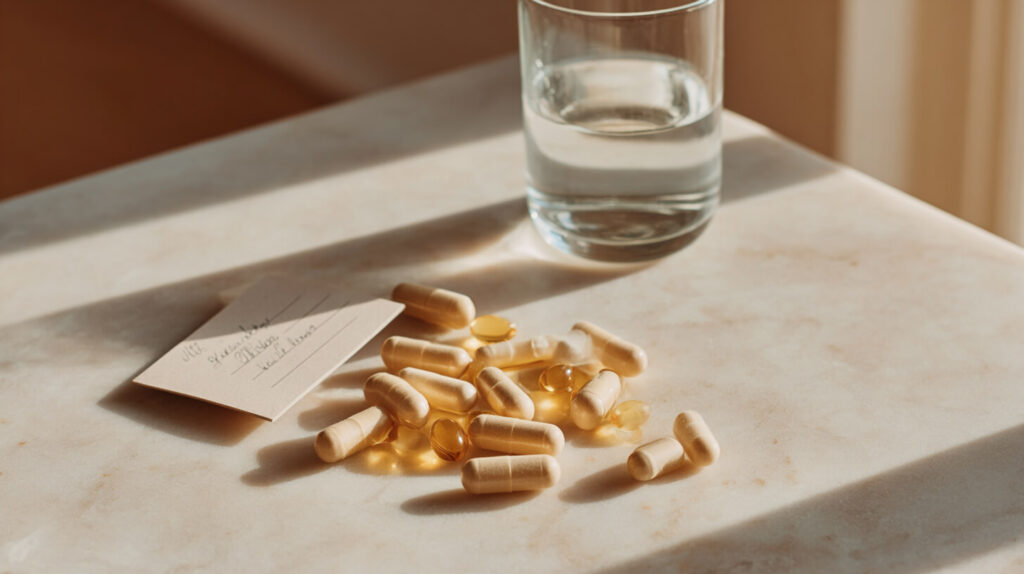 Handvol gele en amberkleurige supplementcapsules op een marmeren aanrecht naast een handgeschreven notitiekaartje en een glas water