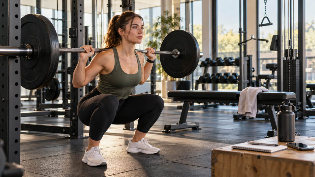Vrouw in groen sporttopje zakt diep door de knieën met een halterstang op haar schouders in een lichte fitnessruimte