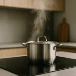 Koken op inductie in moderne keuken met glanzend pannetje